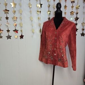 Vintage Eric Gaskins- Jolie Suede Blazer Brick Red. Embroidered and beaded SzM